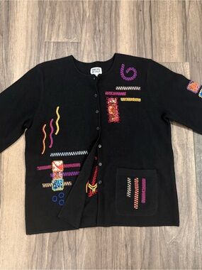 Chicos Design Black Embroidered Wool Patchwork Artsy Cardigan Sweater Size 3/XL